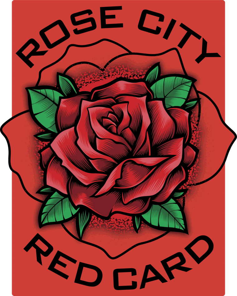 Rose City Red Card show art: a tattoo-style red rose on a red card.